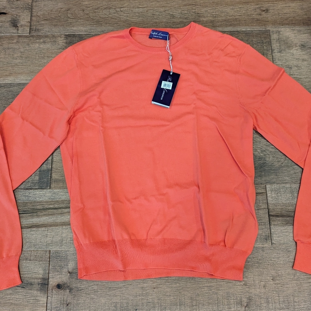Mens Ralph Lauren Purple Label Cotton Crewneck Sweater Melon Orange